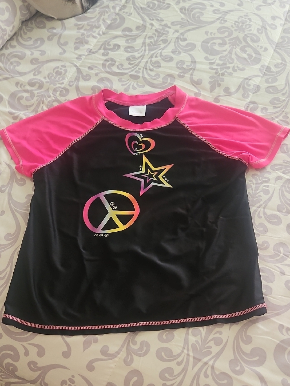 Swim Top Girls By XHILERATION XL 14/16 Pink Blue Hearts Peace Sign